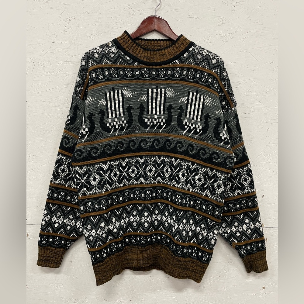 Vintage Chams Viking Ship Waves Knit Sweater, Size XL